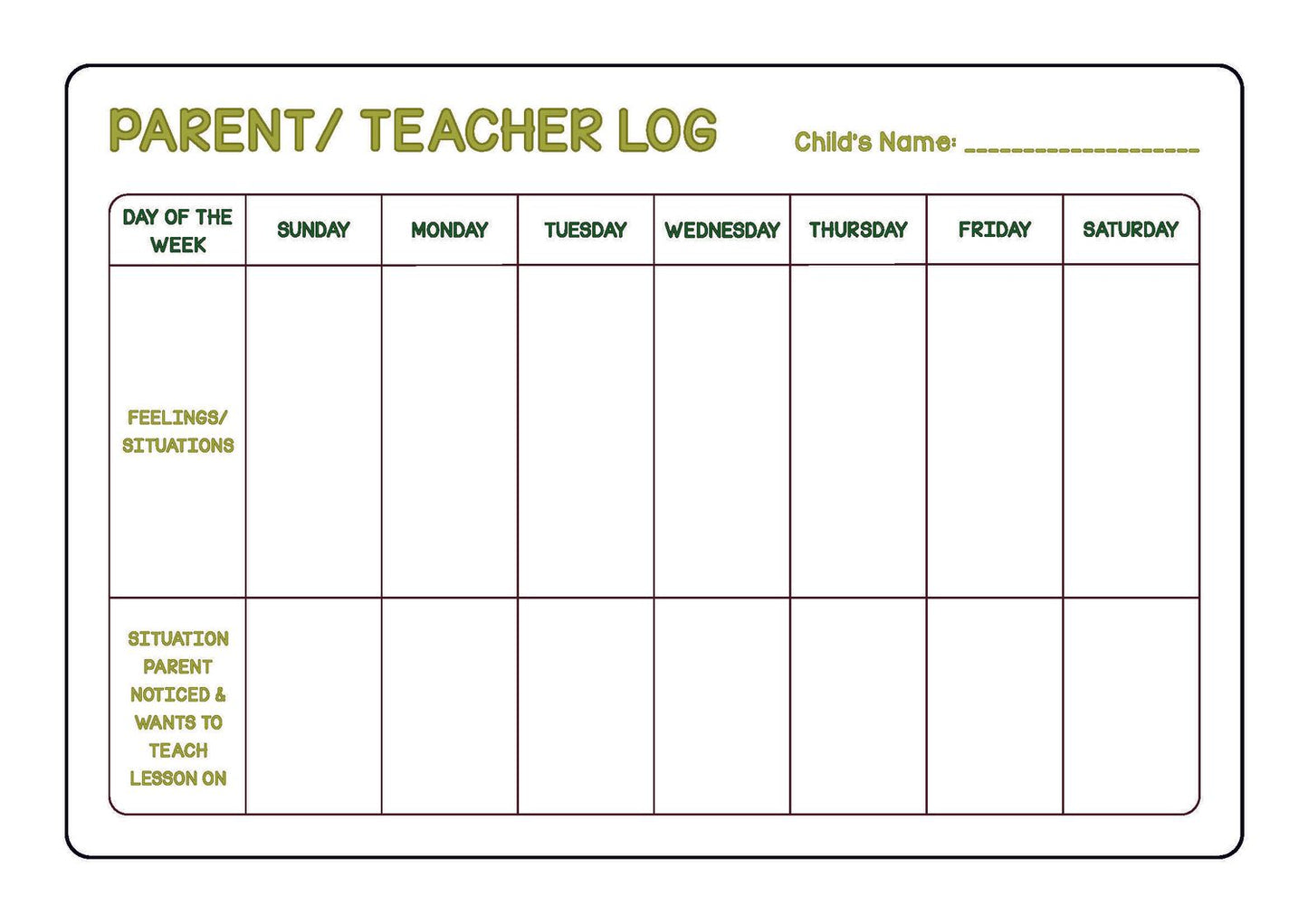 Parent Teacher Log Sheet